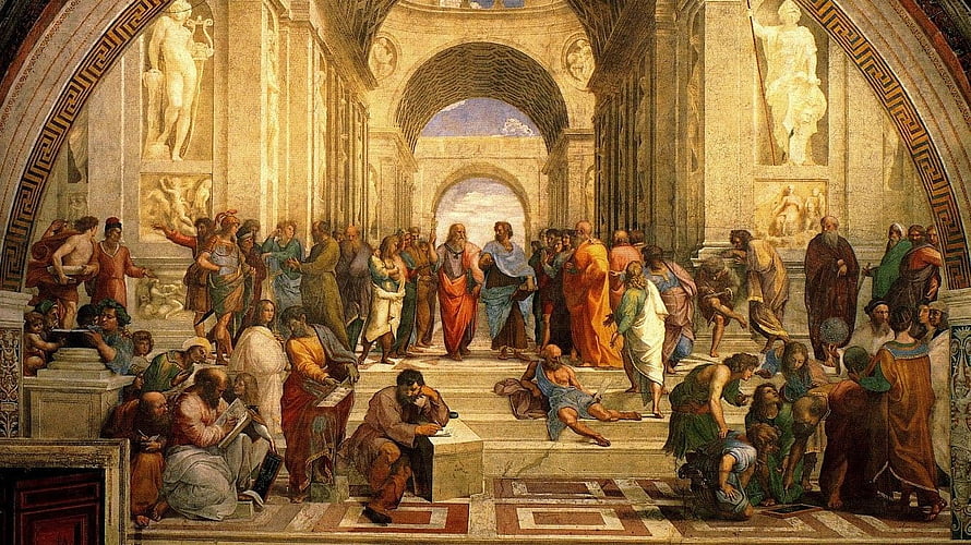 Raphael's The School of Athens fresco depicting ancient Greek philosophers in a grand classical architectural setting HD wallpaper