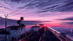 Anime Girl Sitting on Rooftop Overlooking City at Sunset with Purple Sky HD wallpaper