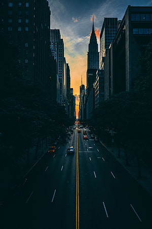 New York City Sunset View of Chrysler Building and Manhattan Skyline, Cities, Road, Movement, Traffic, Skyscrapers, New York, Manhattan HD phone wallpaper