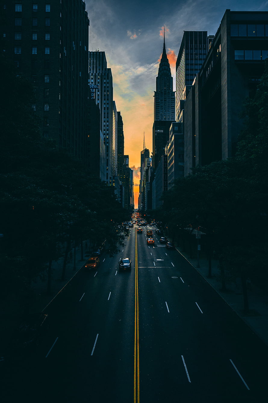 New York City Sunset View of Chrysler Building and Manhattan Skyline, Cities, Road, Movement, Traffic, Skyscrapers, New York, Manhattan HD phone wallpaper