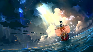Thousand Sunny sailing through stormy seas with dramatic lighting and dark clouds HD wallpaper