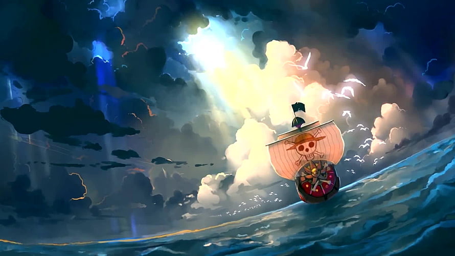 Thousand Sunny sailing through stormy seas with dramatic lighting and dark clouds HD wallpaper