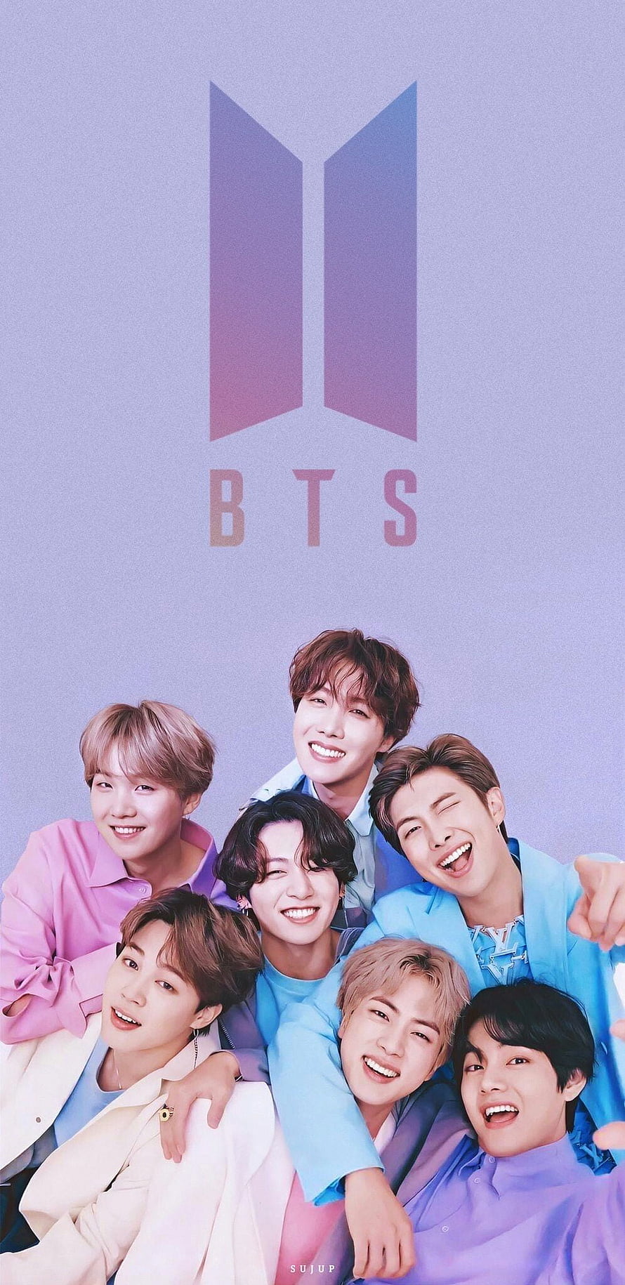 BTS Group Portrait in Pastel Tones with Official Logo on Lavender Background HD phone wallpaper