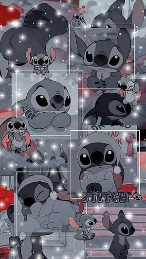 Cute Stitch Lilo And Stitch Character Collage Wallpaper With Sparkles HD phone wallpaper