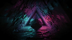 Neon-lit 3D tunnel with glowing geometric walls and a central dark cube HD wallpaper
