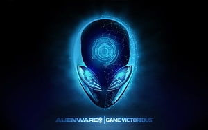Alienware Glowing Blue Alien Head with Digital Network Overlay and Game Victorious Tagline HD wallpaper