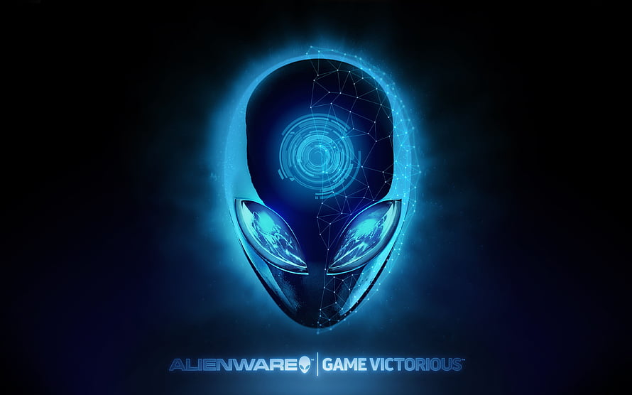 Alienware Glowing Blue Alien Head with Digital Network Overlay and Game Victorious Tagline HD wallpaper