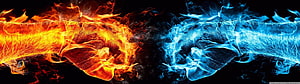 Fire and Ice Fist Collision on Black Background HD wallpaper