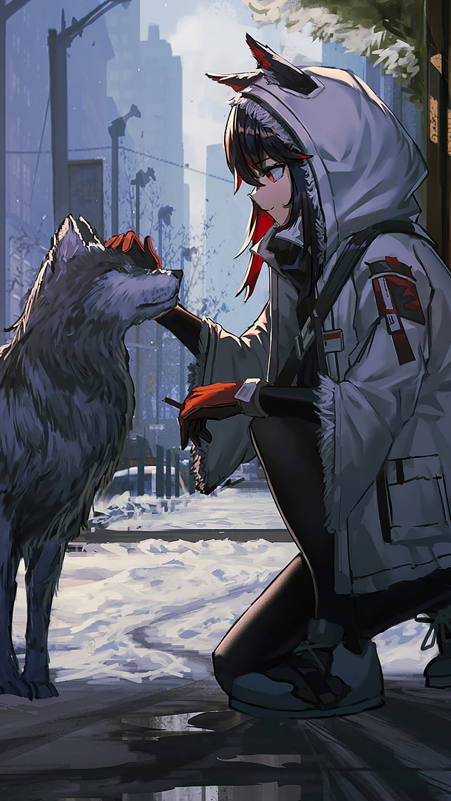 Anime Girl With Wolf Ears Kneeling To Pet A Wolf In Snowy City Street HD phone wallpaper