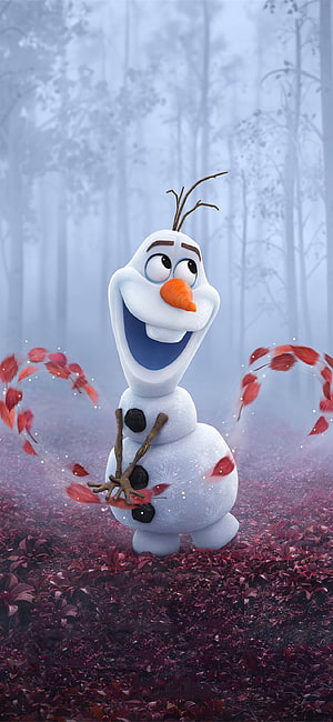 Olaf from Frozen 2 standing in a misty forest with swirling red autumn leaves HD phone wallpaper