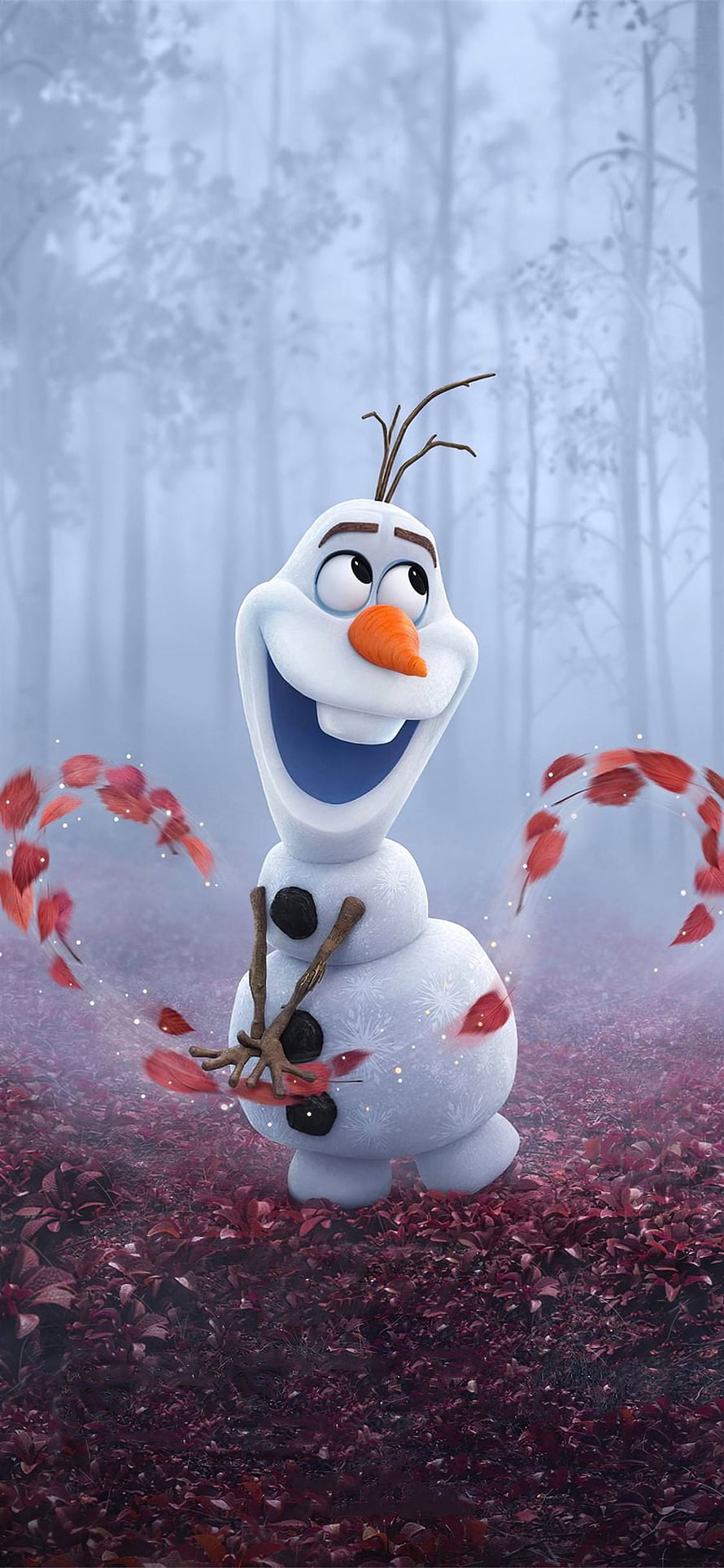 Olaf from Frozen 2 standing in a misty forest with swirling red autumn leaves HD phone wallpaper
