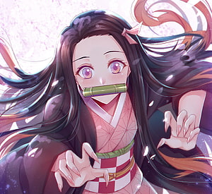 Nezuko Kamado from Demon Slayer Anime Reaching Out with Bamboo Mouthpiece HD wallpaper