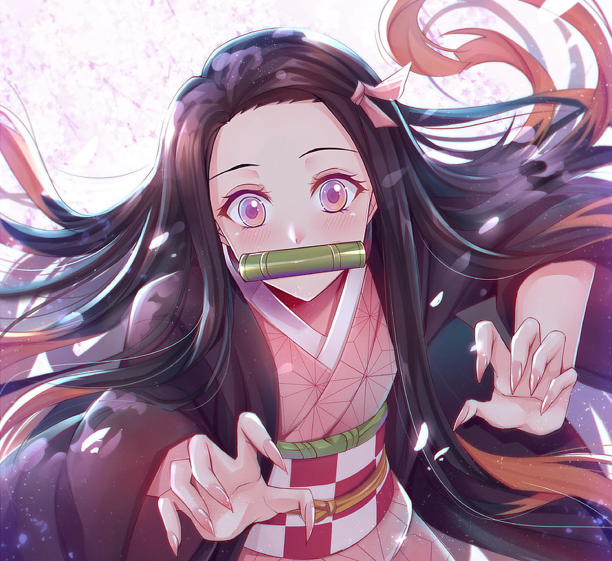 Nezuko Kamado from Demon Slayer Anime Reaching Out with Bamboo Mouthpiece HD wallpaper