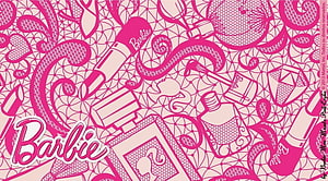 Barbie Pink Makeup Pattern Wallpaper with Lipstick, Perfume, and Cosmetic Illustrations HD wallpaper