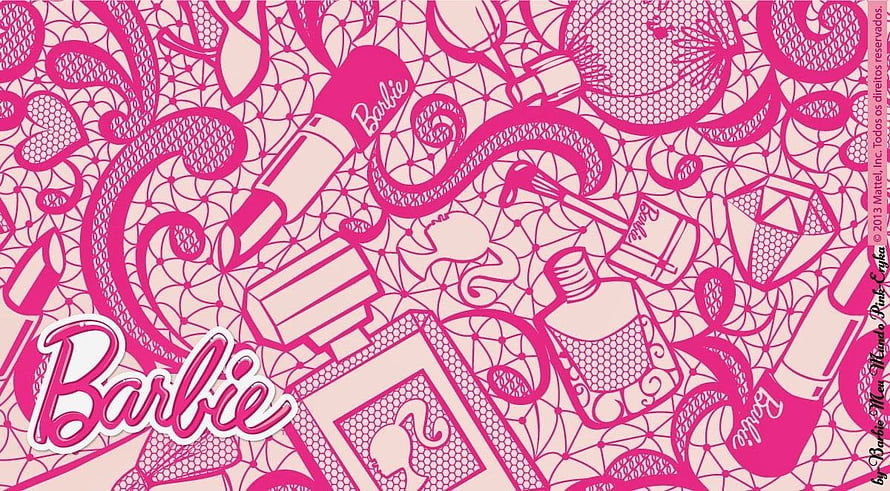 Barbie Pink Makeup Pattern Wallpaper with Lipstick, Perfume, and Cosmetic Illustrations HD wallpaper
