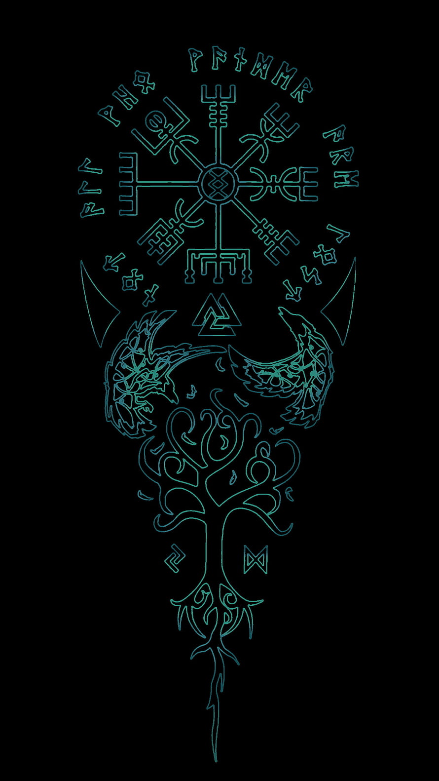 Glowing Blue Norse Rune Compass and Yggdrasil Tree Line Art HD phone wallpaper