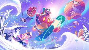 Kirby Winter Adventure Snowboarding Through a Vibrant Frozen Sky HD wallpaper