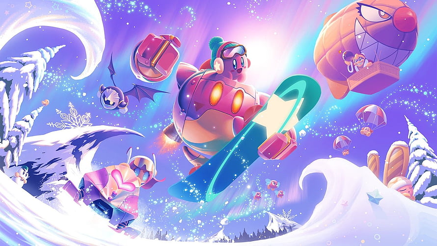 Kirby Winter Adventure Snowboarding Through a Vibrant Frozen Sky HD wallpaper