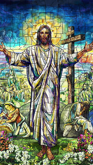 Stained Glass Art of Jesus Christ Standing with Open Arms and Cross HD phone wallpaper