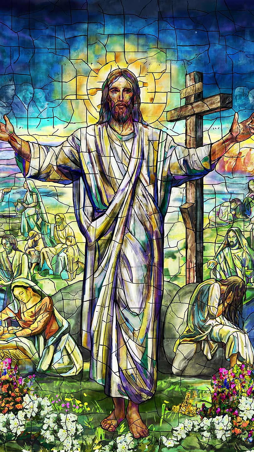 Stained Glass Art of Jesus Christ Standing with Open Arms and Cross HD phone wallpaper