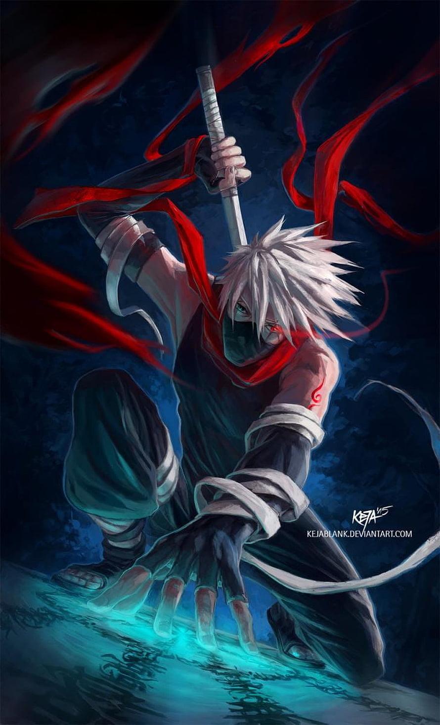 Kakashi Hatake in Dynamic Combat Pose with Chakra and Red Energy HD phone wallpaper