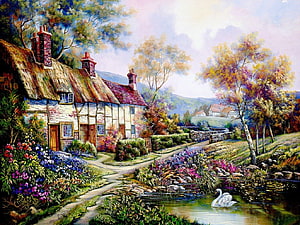Charming Thatched Cottage Garden with Swan Pond and Vibrant Flowers HD wallpaper