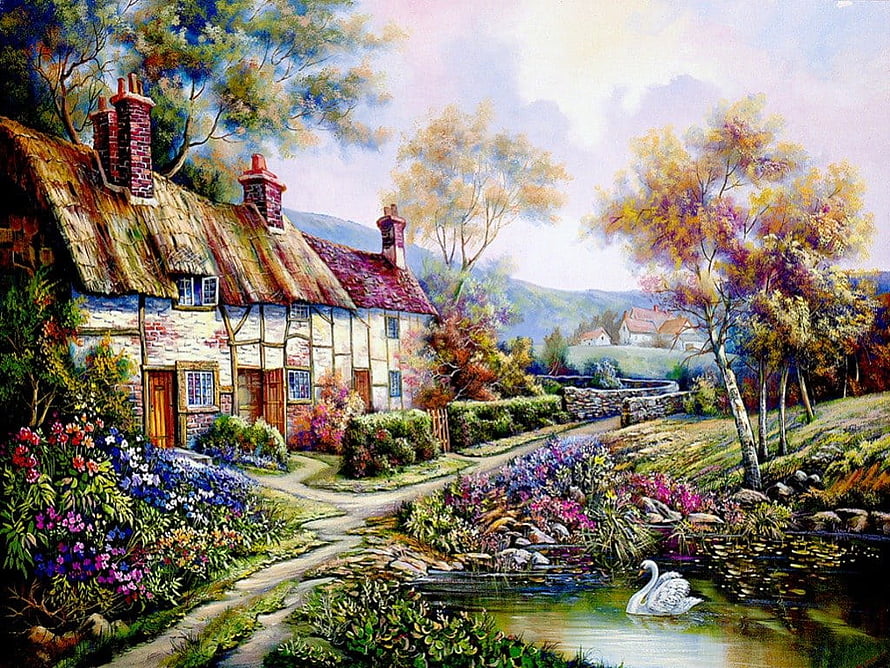 Charming Thatched Cottage Garden with Swan Pond and Vibrant Flowers HD wallpaper