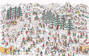 Where's Waldo Ski Resort Crowd Illustration with Snowy Mountain and Pine Trees HD wallpaper