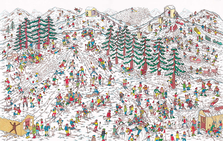Where's Waldo Ski Resort Crowd Illustration with Snowy Mountain and Pine Trees HD wallpaper