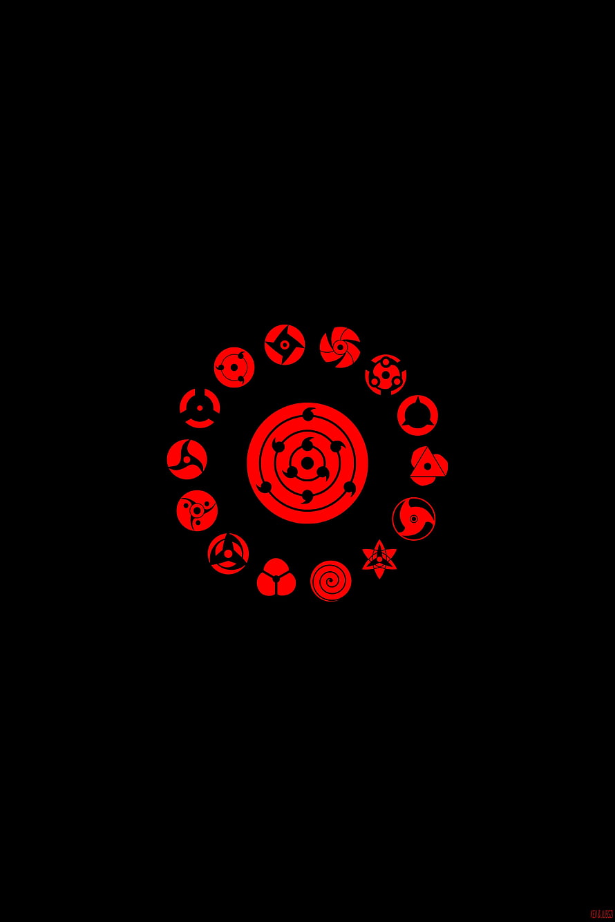 Naruto Sharingan and Mangekyo Sharingan Eye Symbols Collection Red on Black, Logo, minimal, Naruto HD phone wallpaper