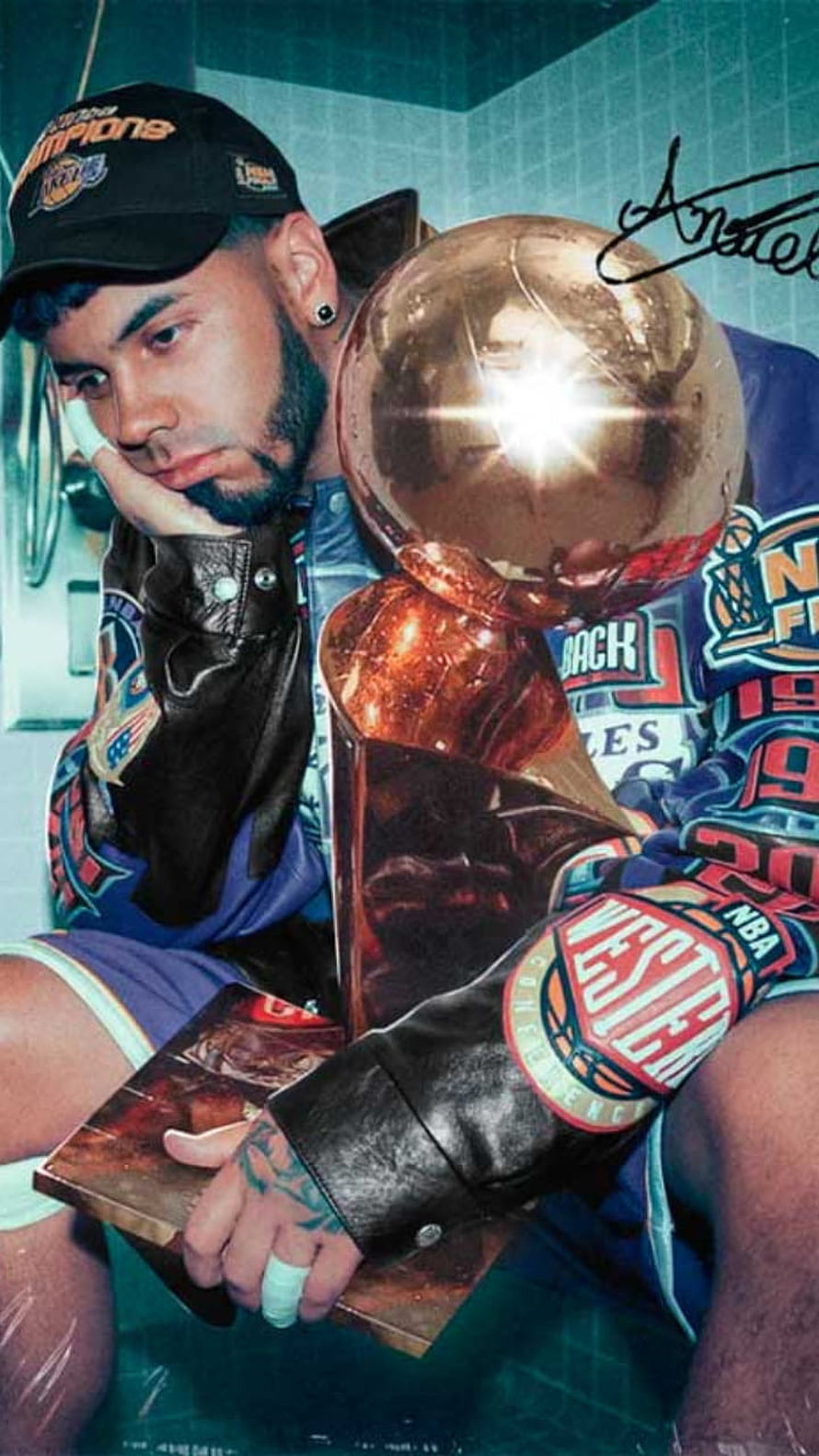 Anuel AA Holding NBA Championship Trophy in Lakers Jersey and Leather Jacket HD phone wallpaper