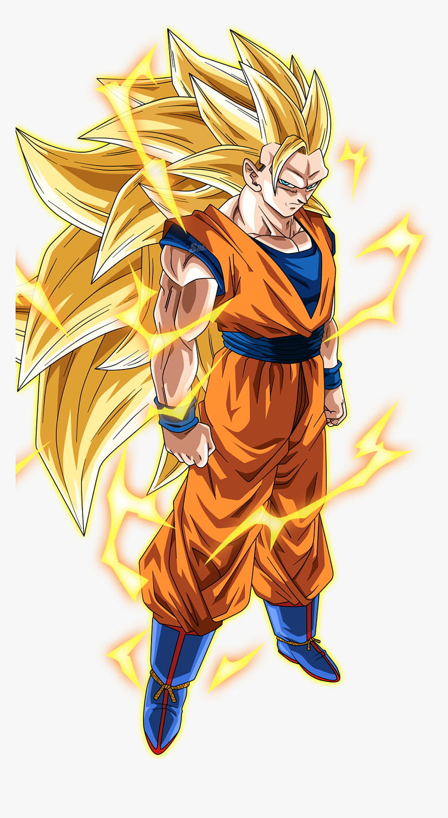 Goku Super Saiyan 3 Anime Character Artwork with Golden Aura and Lightning HD phone wallpaper