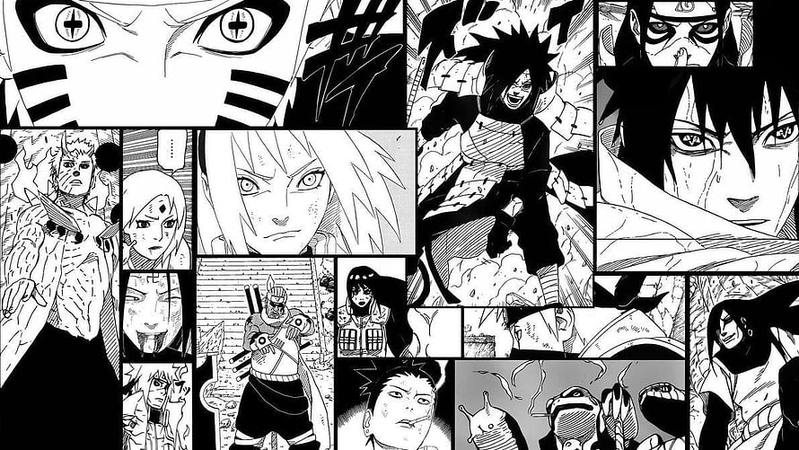 Naruto Manga Panel Collage Featuring Sasuke, Naruto, and Other Characters in Black and White HD wallpaper