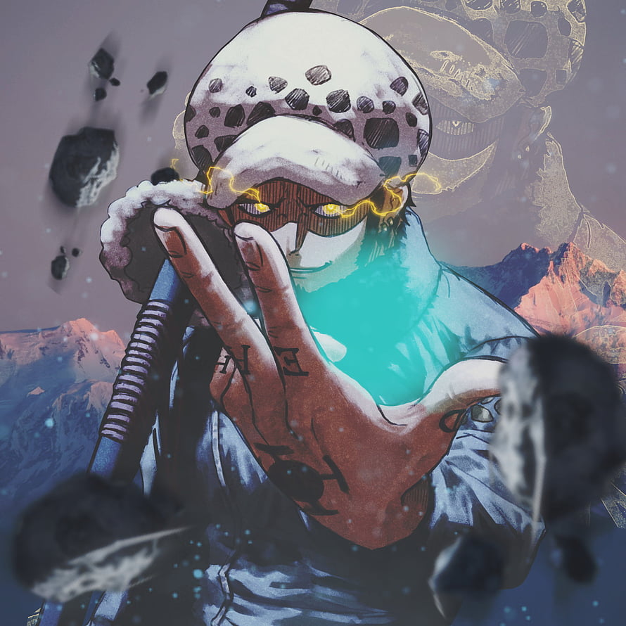 Trafalgar Law from One Piece in Dramatic Anime Artwork with Glowing Eyes and Floating Rocks HD phone wallpaper