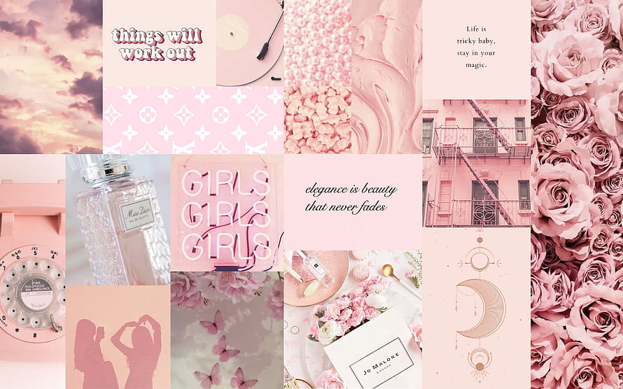 Pink Aesthetic Mood Board Collage With Roses Perfume And Inspirational Quotes HD wallpaper