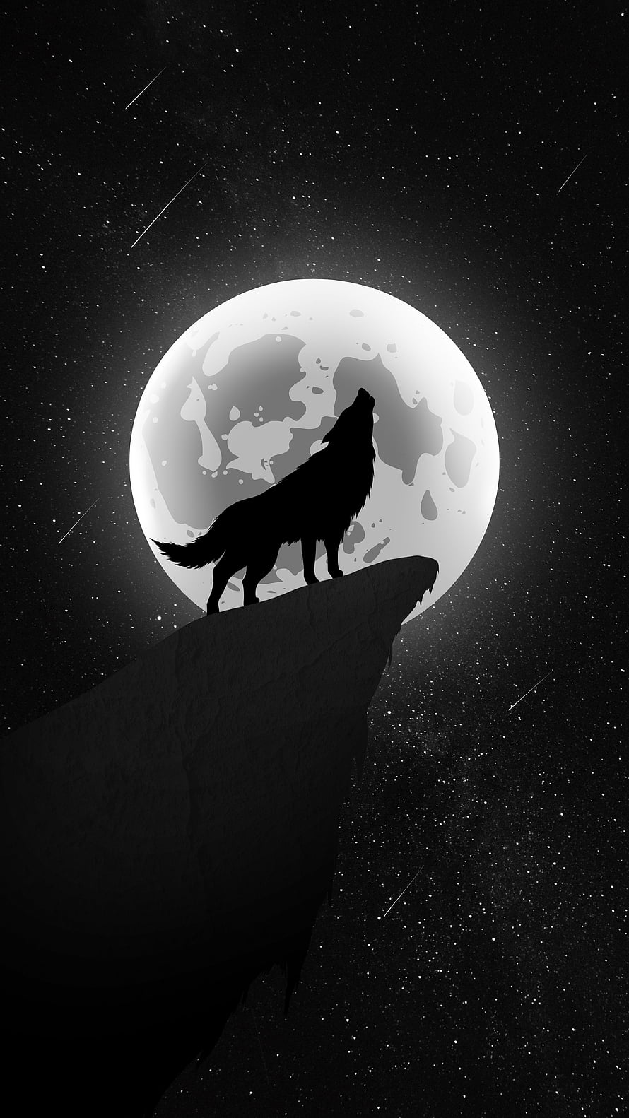 Silhouette of a wolf howling at a full moon on a cliff edge against a starry night sky HD phone wallpaper
