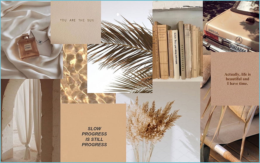 Beige Aesthetic Mood Board Featuring Vintage Books, Dried Pampas Grass, Palm Leaves, and Inspirational Quotes HD wallpaper