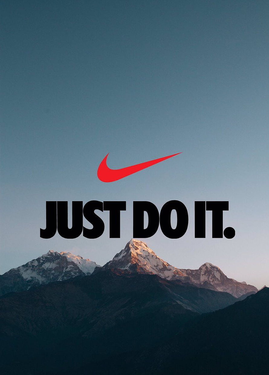 Nike Just Do It slogan with red swoosh logo above snow-capped mountain peaks at dusk HD phone wallpaper