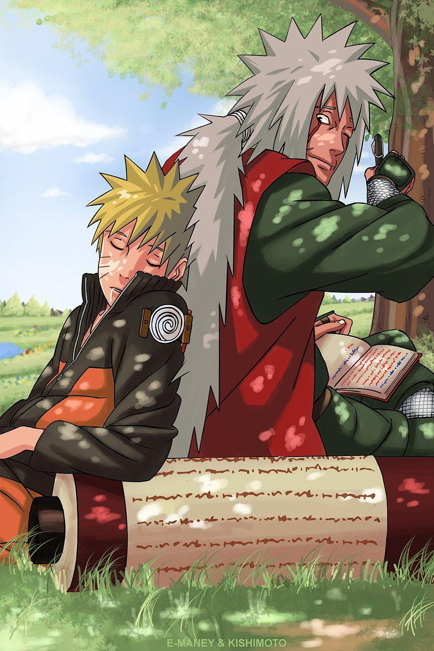 Naruto and Jiraiya Resting Under a Tree in a Peaceful Meadow HD phone wallpaper