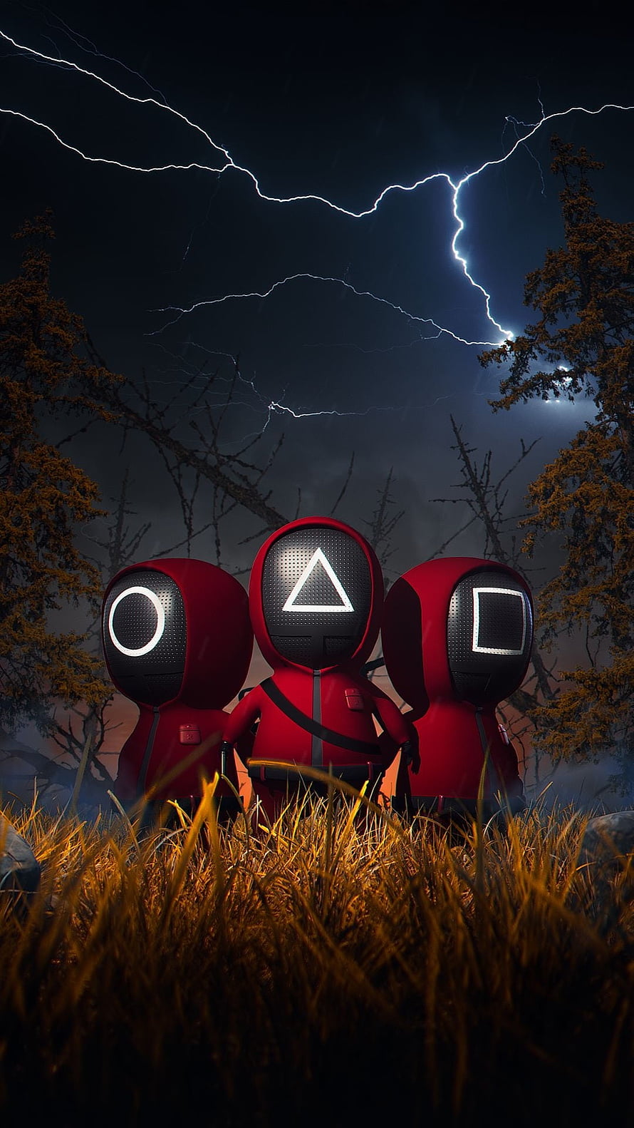 Three Squid Game Guards Standing In Stormy Forest With Lightning HD phone wallpaper
