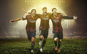 Suarez Neymar Messi FC Barcelona Qatar Airways Jersey Celebration HD wallpaper