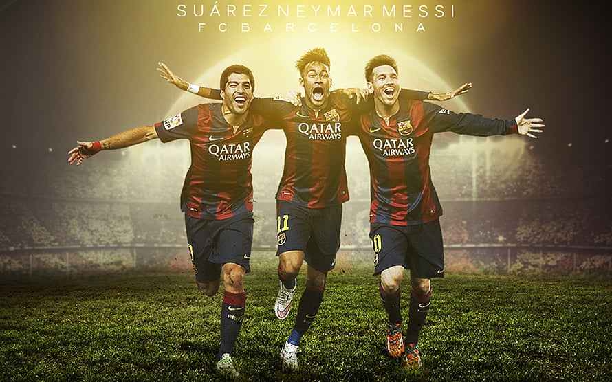 Suarez Neymar Messi FC Barcelona Qatar Airways Jersey Celebration HD wallpaper