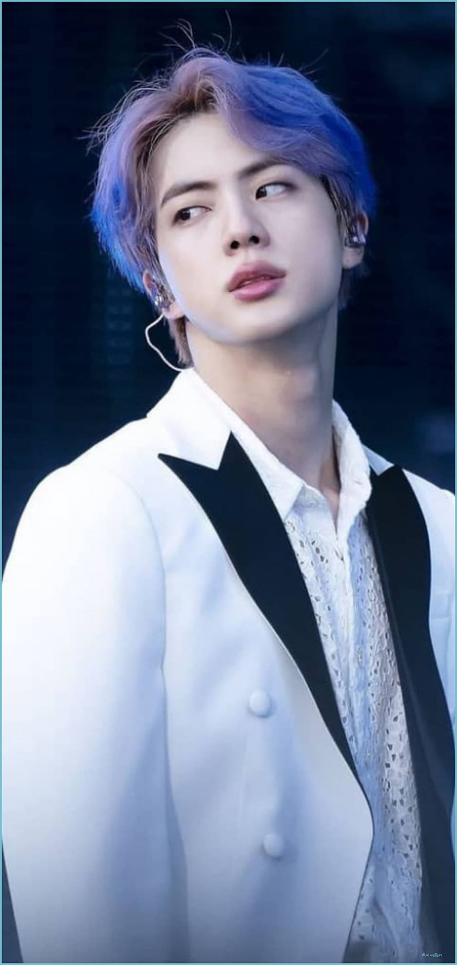 Jin from BTS in a white tuxedo with blue hair HD phone wallpaper