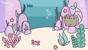 Pusheen Mermaid Underwater Scene with Coral and Sea Creatures HD wallpaper