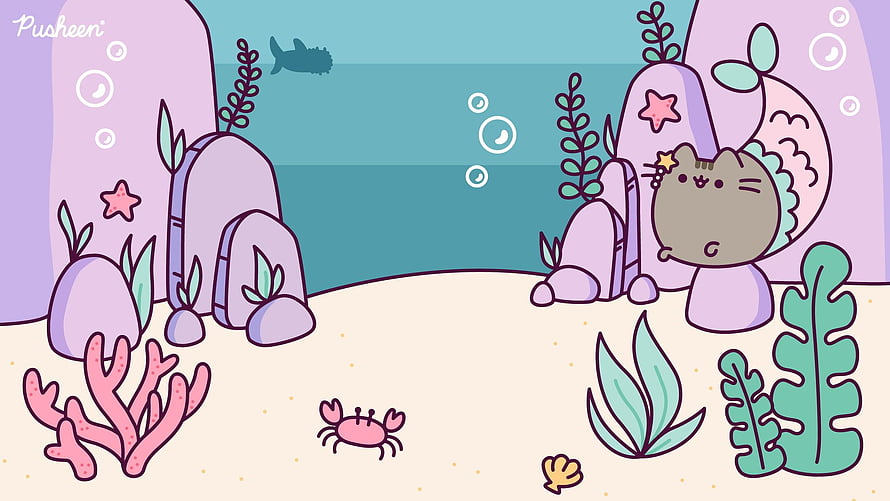 Pusheen Mermaid Underwater Scene with Coral and Sea Creatures HD wallpaper