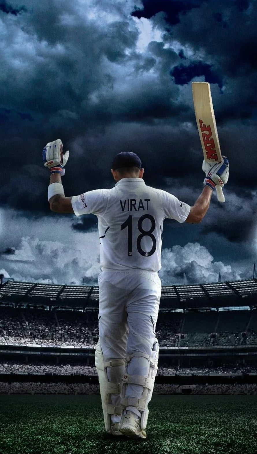 Virat Kohli Celebrating Cricket Victory in White Jersey Under Stormy Sky HD phone wallpaper