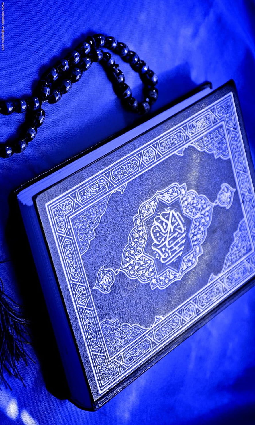 Ornate Holy Quran with Prayer Beads on Deep Blue Fabric HD phone wallpaper