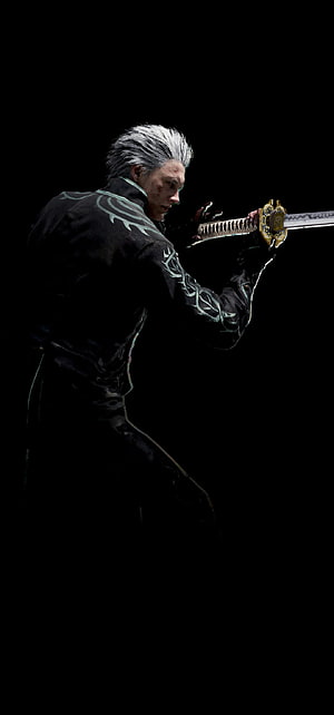 Vergil from Devil May Cry 5 in a dark combat stance holding a katana HD phone wallpaper
