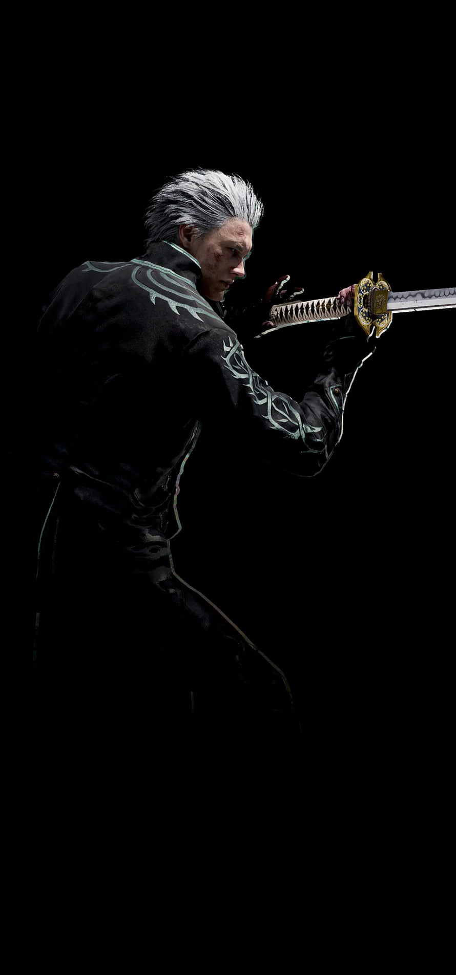 Vergil from Devil May Cry 5 in a dark combat stance holding a katana HD phone wallpaper