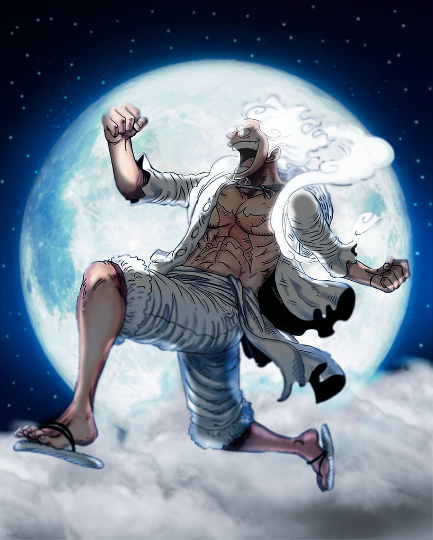 Monkey D. Luffy Gear 5 Sun God Nika Form Jumping In Front Of Giant Moon HD phone wallpaper